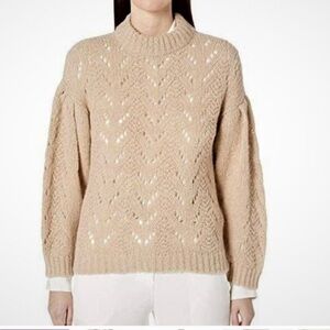 Kate Spade Alpaca Wool Blend Pointelle Sweater Womens L Tan/Camel Mock Neck